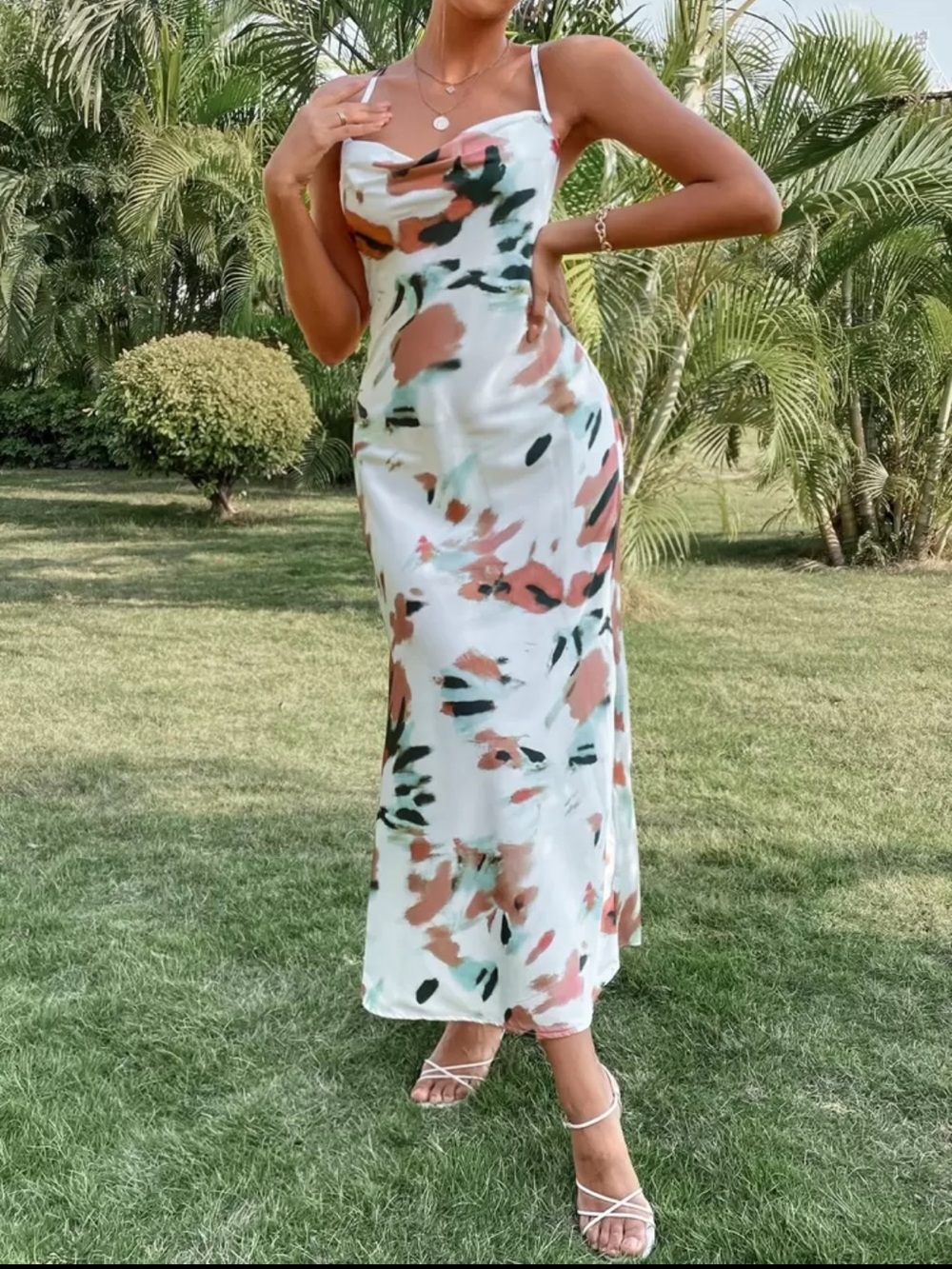 White Satin Slip Dress with Blush & Olive Abstract Print